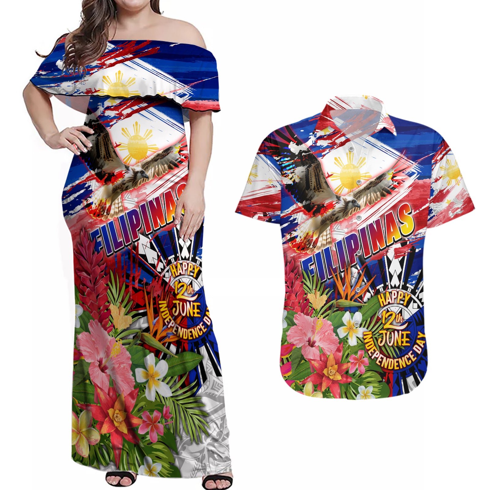 Personalized Philippines Independence Day Couples Matching Off Shoulder Maxi Dress and Hawaiian Shirt Polynesia Filipinas Eagle Hibiscus DT02 Blue - Polynesian Pride