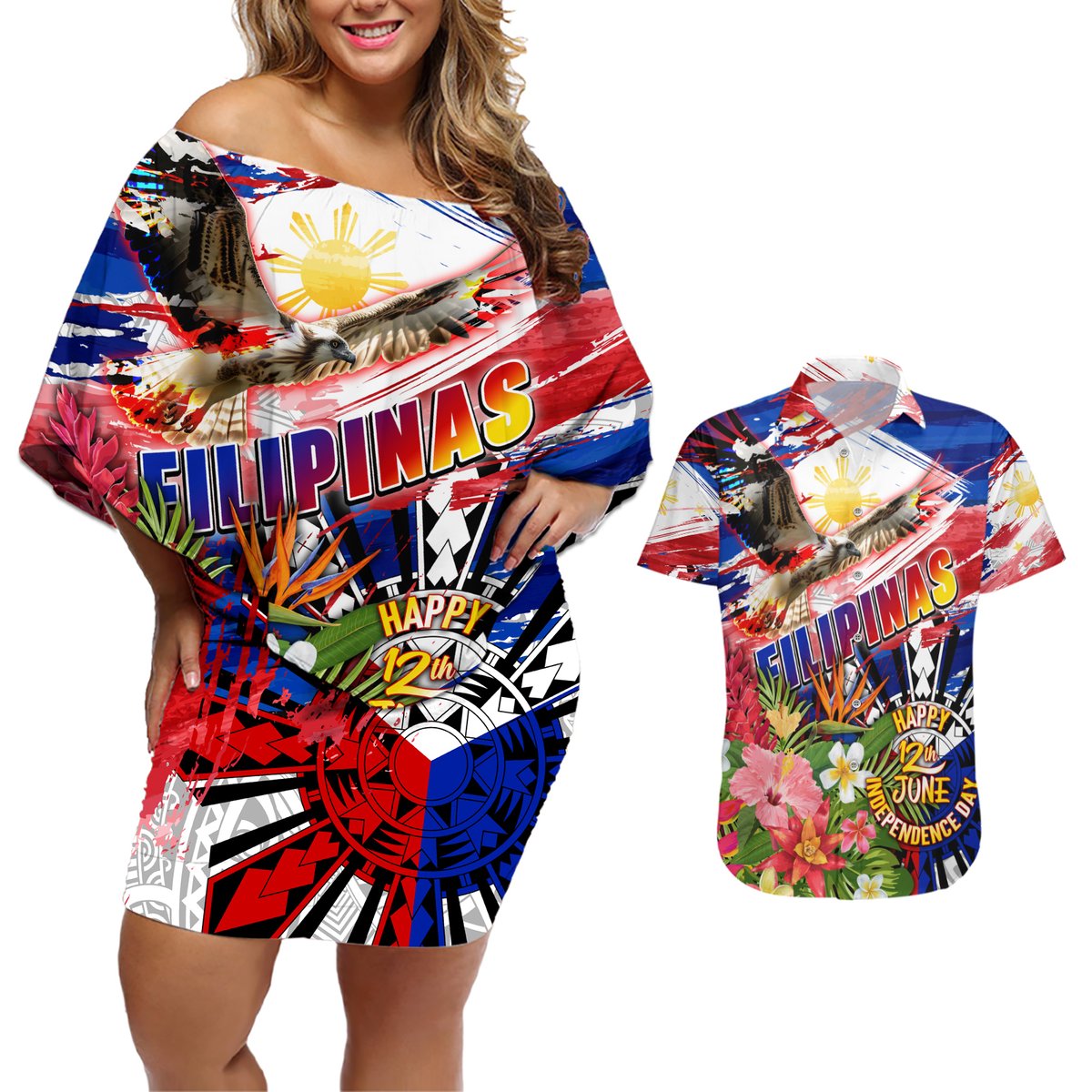 Personalized Philippines Independence Day Couples Matching Off Shoulder Short Dress and Hawaiian Shirt Polynesia Filipinas Eagle Hibiscus DT02 Blue - Polynesian Pride