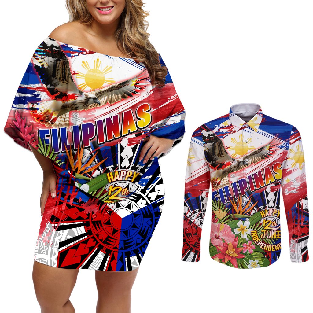 Personalized Philippines Independence Day Couples Matching Off Shoulder Short Dress and Long Sleeve Button Shirt Polynesia Filipinas Eagle Hibiscus DT02 Blue - Polynesian Pride
