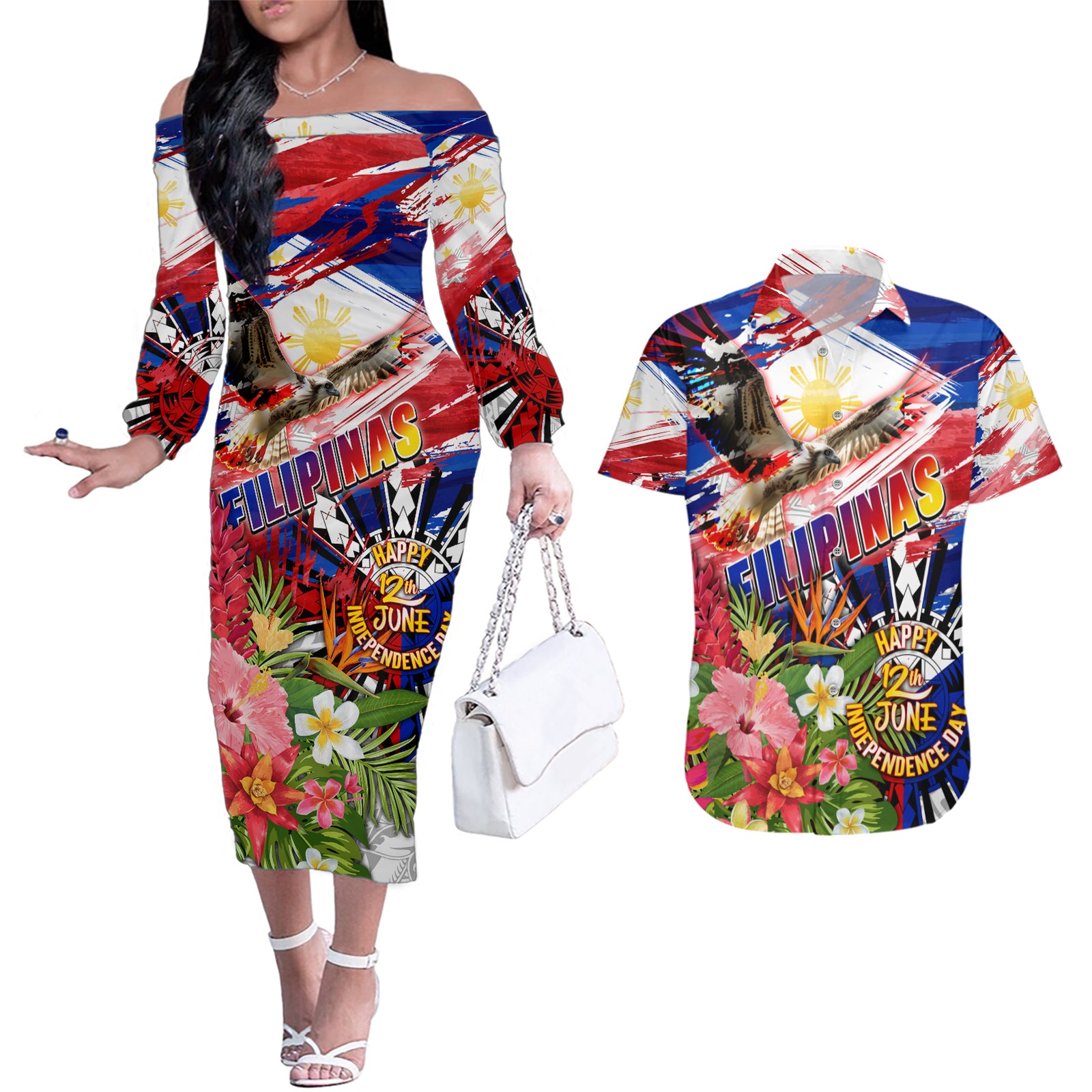Personalized Philippines Independence Day Couples Matching Off The Shoulder Long Sleeve Dress and Hawaiian Shirt Polynesia Filipinas Eagle Hibiscus DT02 Blue - Polynesian Pride