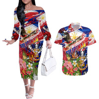 Personalized Philippines Independence Day Couples Matching Off The Shoulder Long Sleeve Dress and Hawaiian Shirt Polynesia Filipinas Eagle Hibiscus