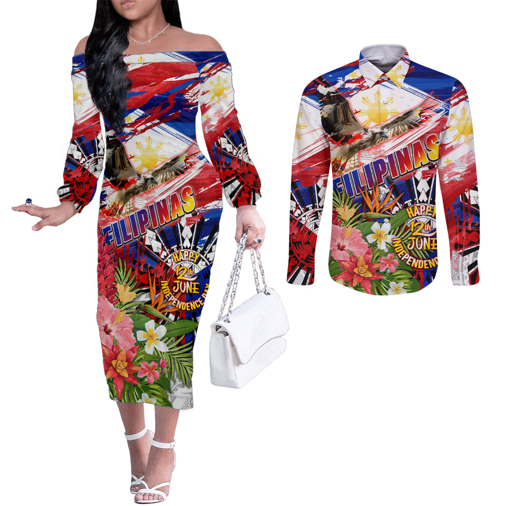 Personalized Philippines Independence Day Couples Matching Off The Shoulder Long Sleeve Dress and Long Sleeve Button Shirt Polynesia Filipinas Eagle Hibiscus DT02 Blue - Polynesian Pride