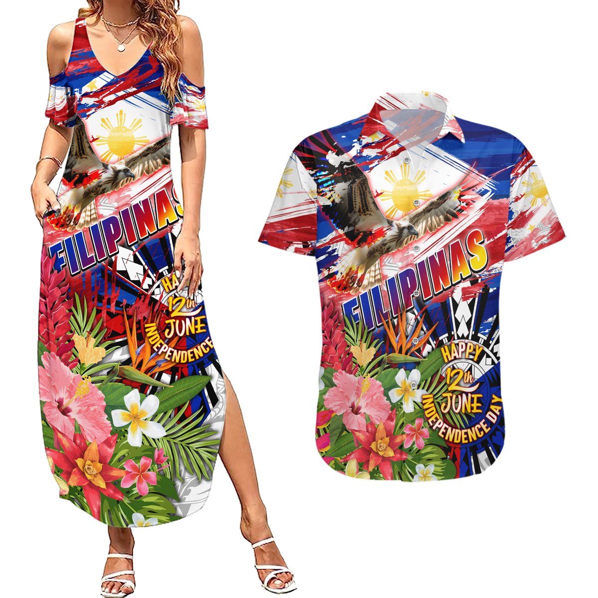 Personalized Philippines Independence Day Couples Matching Summer Maxi Dress and Hawaiian Shirt Polynesia Filipinas Eagle Hibiscus DT02 Blue - Polynesian Pride