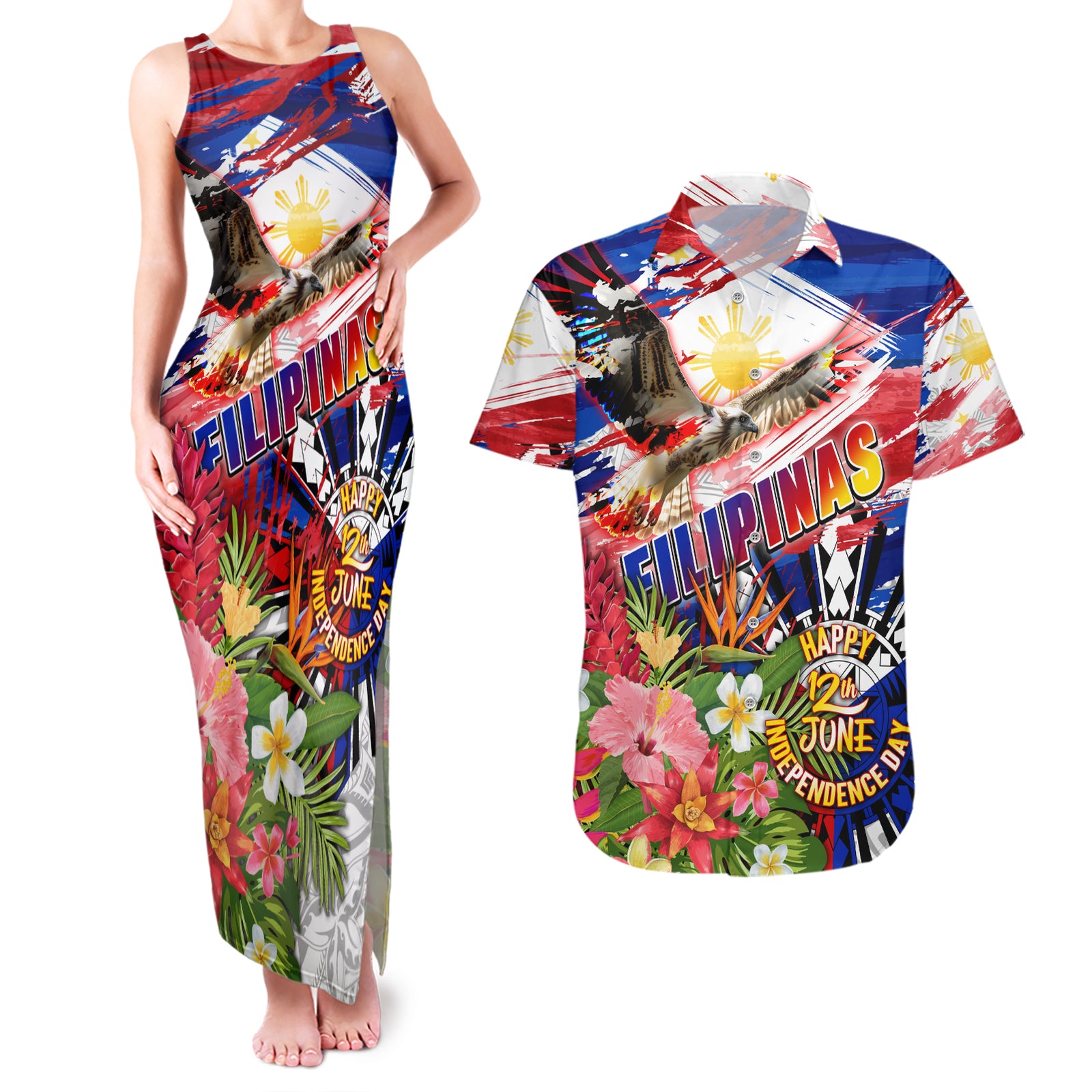Personalized Philippines Independence Day Couples Matching Tank Maxi Dress and Hawaiian Shirt Polynesia Filipinas Eagle Hibiscus DT02 Blue - Polynesian Pride