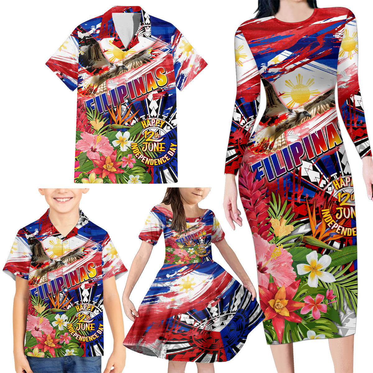 Personalized Philippines Independence Day Family Matching Long Sleeve Bodycon Dress and Hawaiian Shirt Polynesia Filipinas Eagle Hibiscus DT02 - Polynesian Pride
