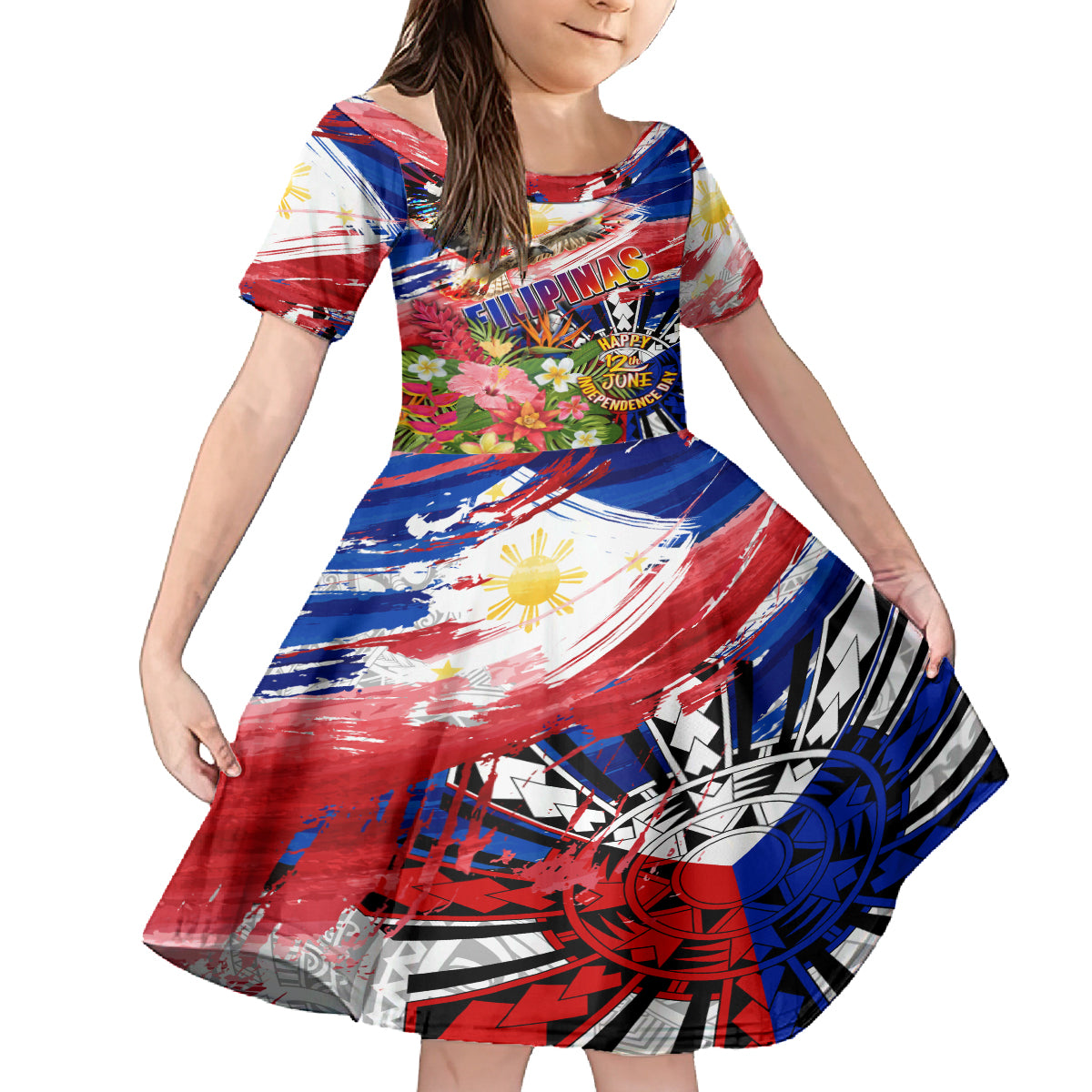 Personalized Philippines Independence Day Family Matching Off The Shoulder Long Sleeve Dress and Hawaiian Shirt Polynesia Filipinas Eagle Hibiscus DT02 Daughter's Dress Blue - Polynesian Pride