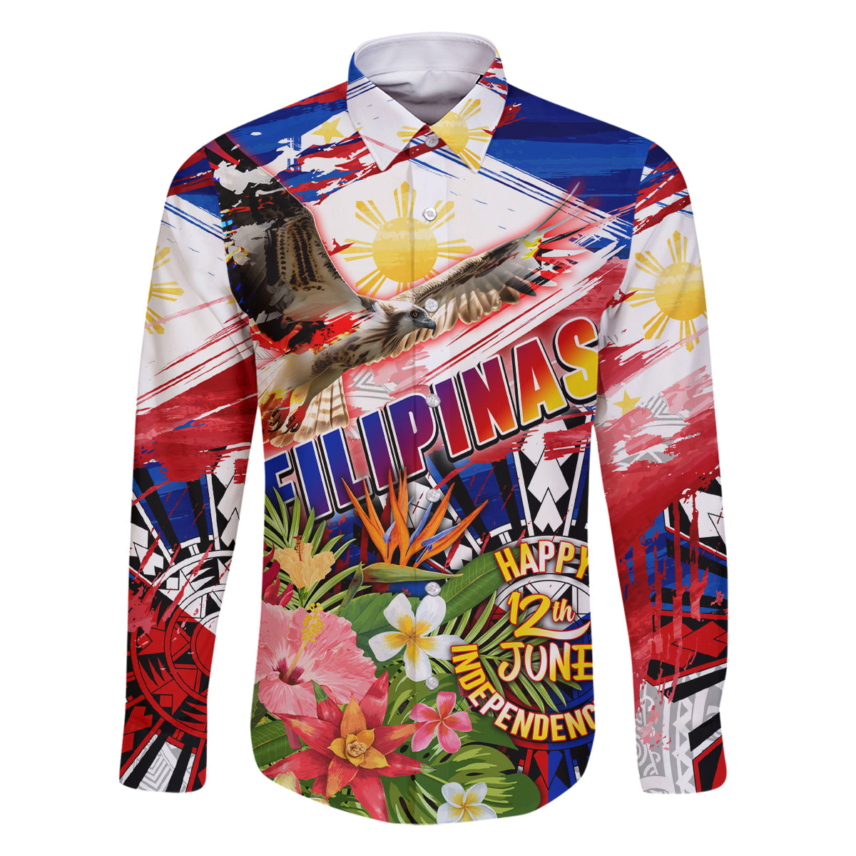 Personalized Philippines Independence Day Family Matching Off The Shoulder Long Sleeve Dress and Hawaiian Shirt Polynesia Filipinas Eagle Hibiscus DT02 Dad's Shirt - Long Sleeve Blue - Polynesian Pride