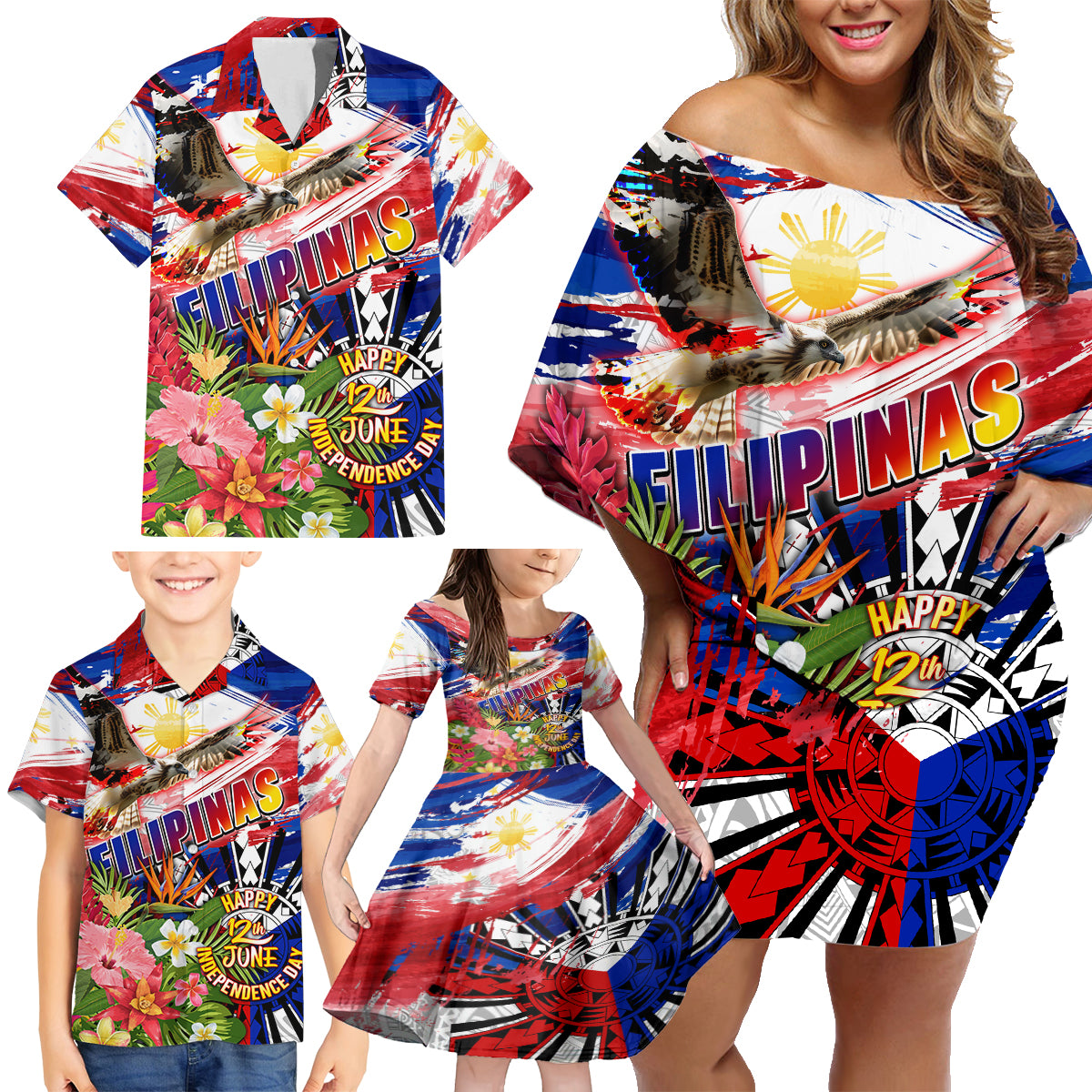Personalized Philippines Independence Day Family Matching Off Shoulder Short Dress and Hawaiian Shirt Polynesia Filipinas Eagle Hibiscus DT02 - Polynesian Pride