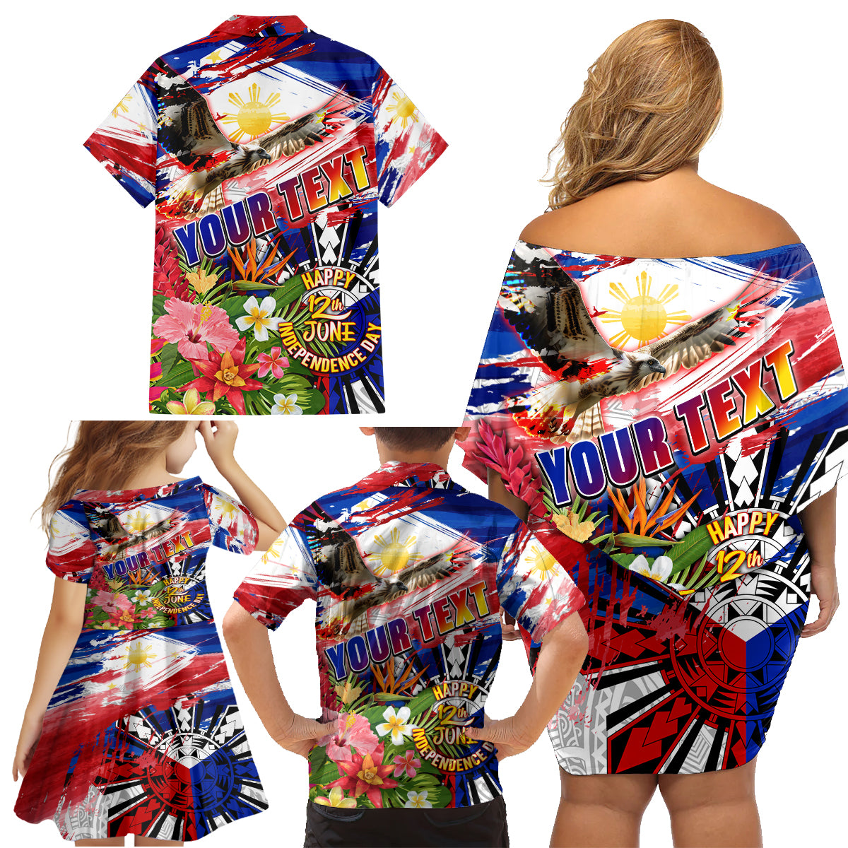 Personalized Philippines Independence Day Family Matching Off Shoulder Short Dress and Hawaiian Shirt Polynesia Filipinas Eagle Hibiscus DT02 - Polynesian Pride