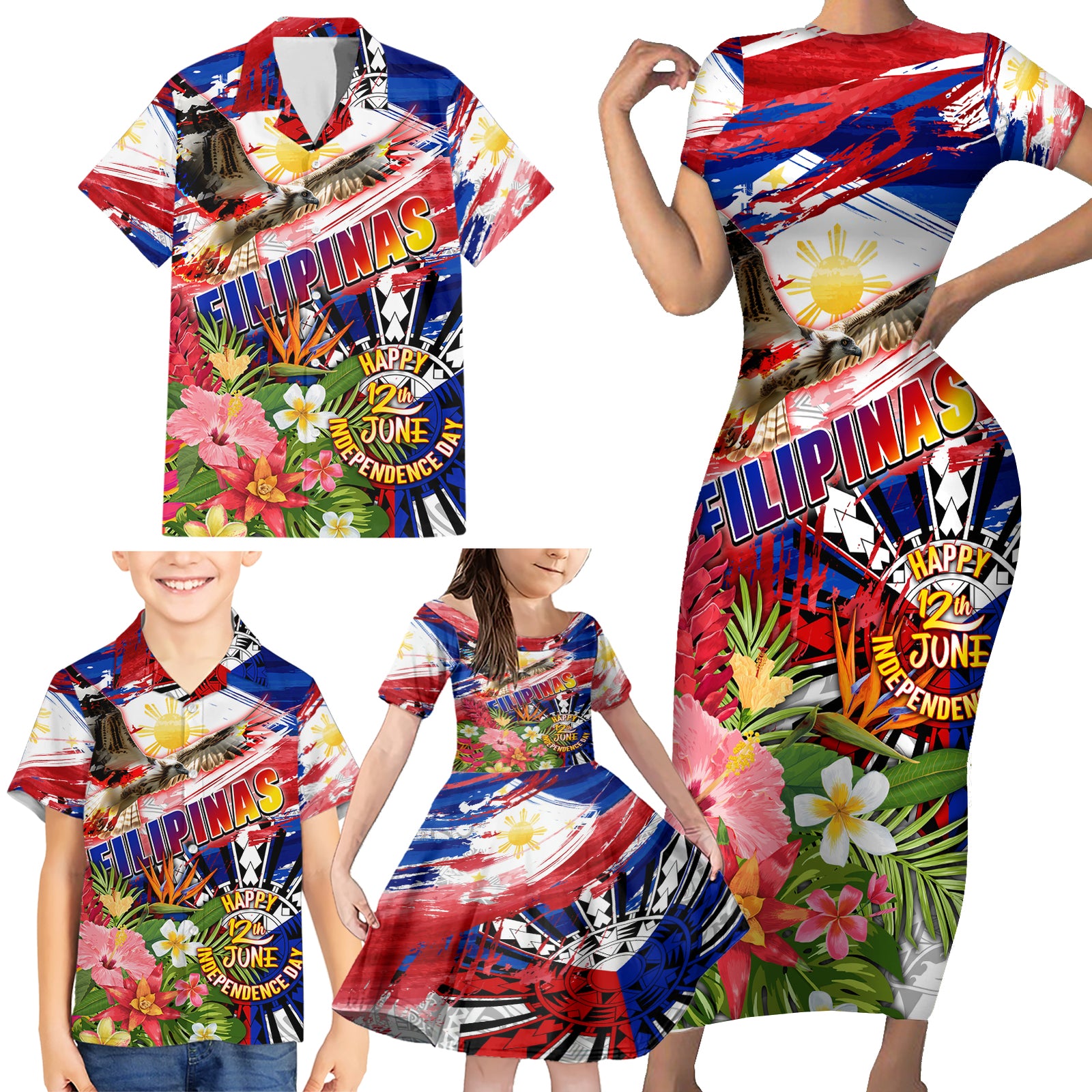 Personalized Philippines Independence Day Family Matching Short Sleeve Bodycon Dress and Hawaiian Shirt Polynesia Filipinas Eagle Hibiscus DT02 - Polynesian Pride