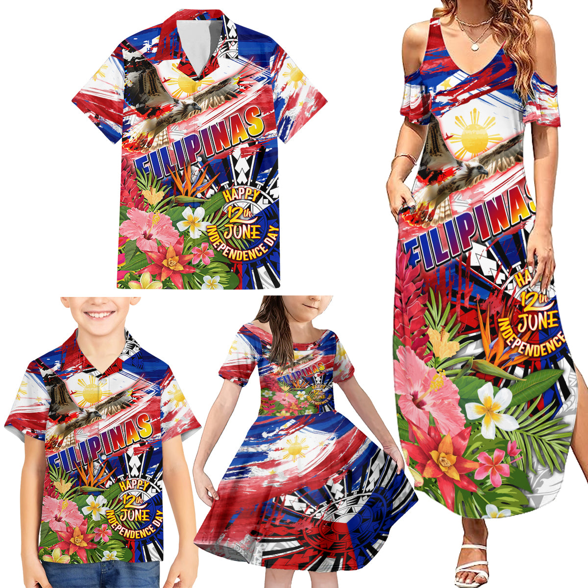 Personalized Philippines Independence Day Family Matching Summer Maxi Dress and Hawaiian Shirt Polynesia Filipinas Eagle Hibiscus DT02 - Polynesian Pride