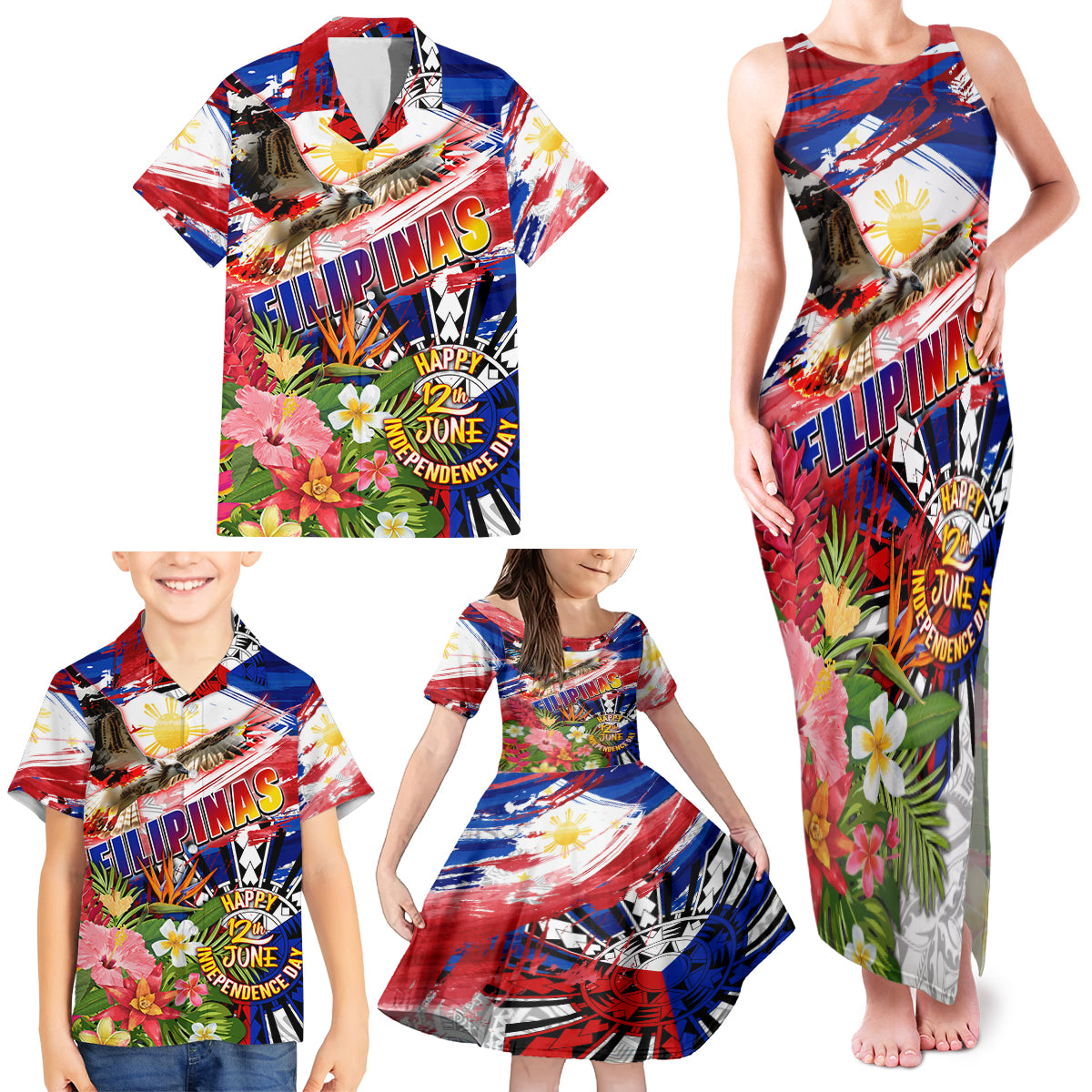 Personalized Philippines Independence Day Family Matching Tank Maxi Dress and Hawaiian Shirt Polynesia Filipinas Eagle Hibiscus DT02 - Polynesian Pride