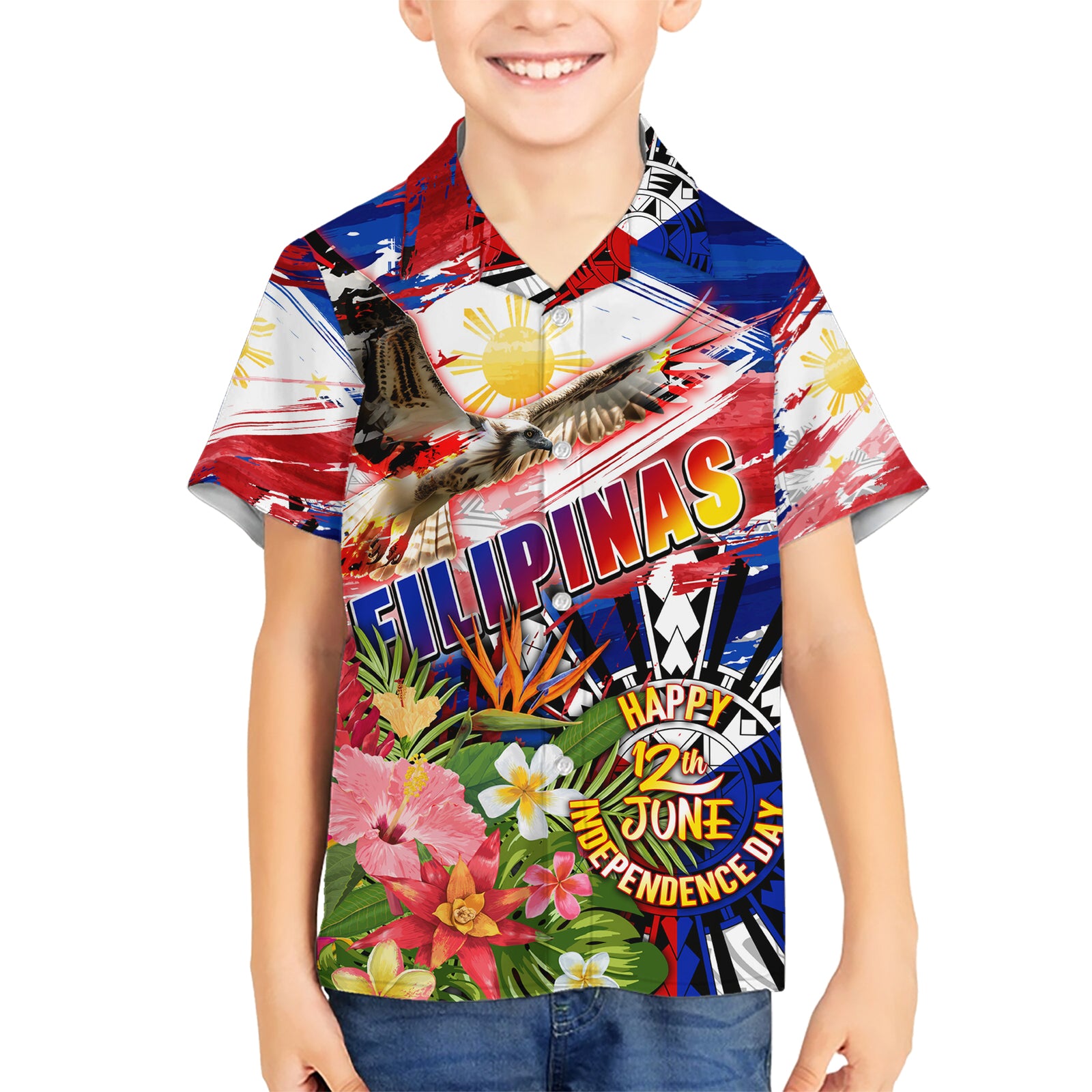 Personalized Philippines Independence Day Kid Hawaiian Shirt Polynesia Filipinas Eagle Hibiscus DT02 Kid Blue - Polynesian Pride