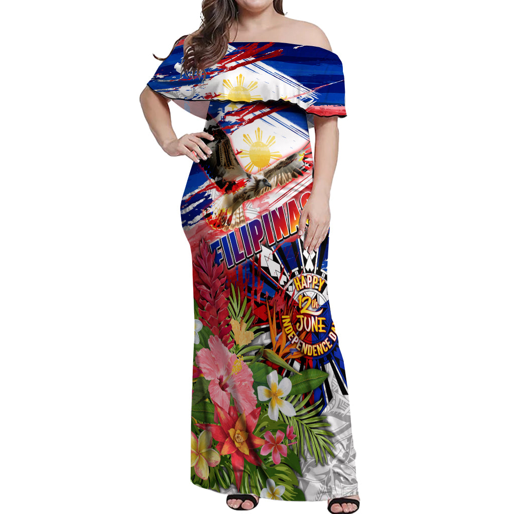 Personalized Philippines Independence Day Off Shoulder Maxi Dress Polynesia Filipinas Eagle Hibiscus DT02 Women Blue - Polynesian Pride