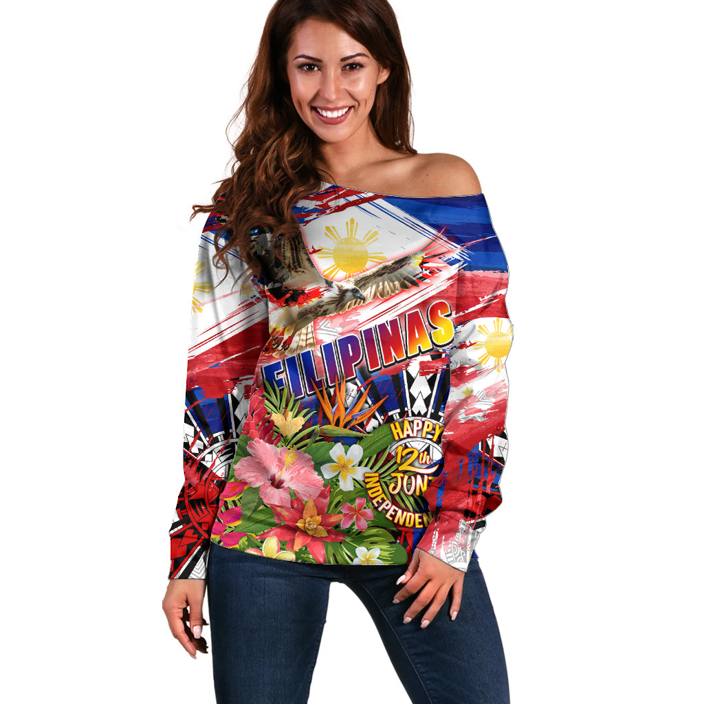 Personalized Philippines Independence Day Off Shoulder Sweater Polynesia Filipinas Eagle Hibiscus DT02 Women Blue - Polynesian Pride