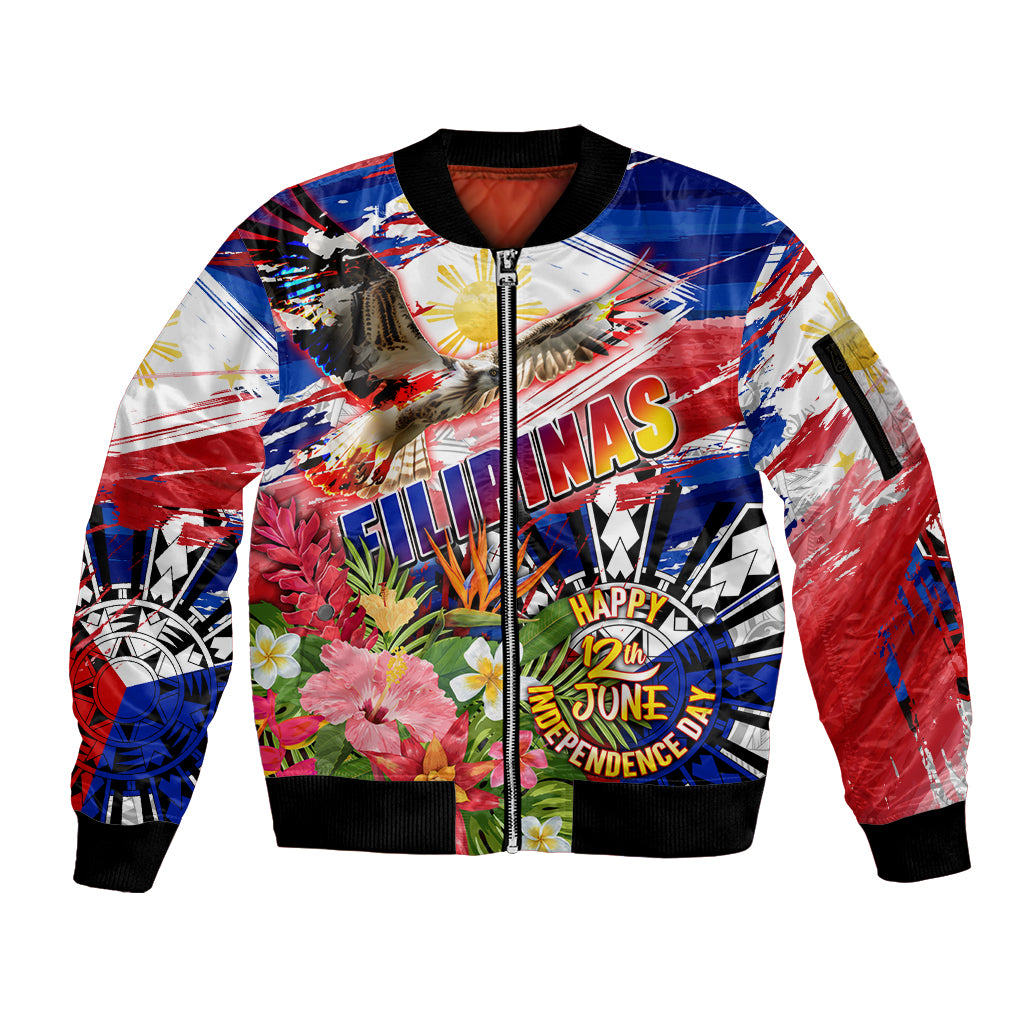 Personalized Philippines Independence Day Sleeve Zip Bomber Jacket Polynesia Filipinas Eagle Hibiscus DT02 Unisex Blue - Polynesian Pride