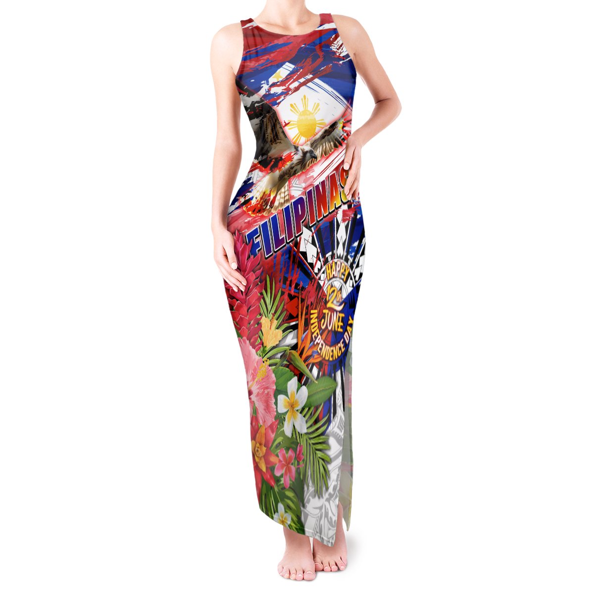 Personalized Philippines Independence Day Tank Maxi Dress Polynesia Filipinas Eagle Hibiscus DT02 Women Blue - Polynesian Pride