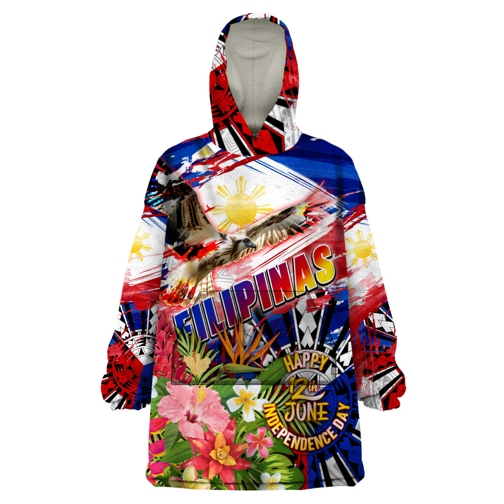 Personalized Philippines Independence Day Wearable Blanket Hoodie Polynesia Filipinas Eagle Hibiscus DT02 One Size Blue - Polynesian Pride