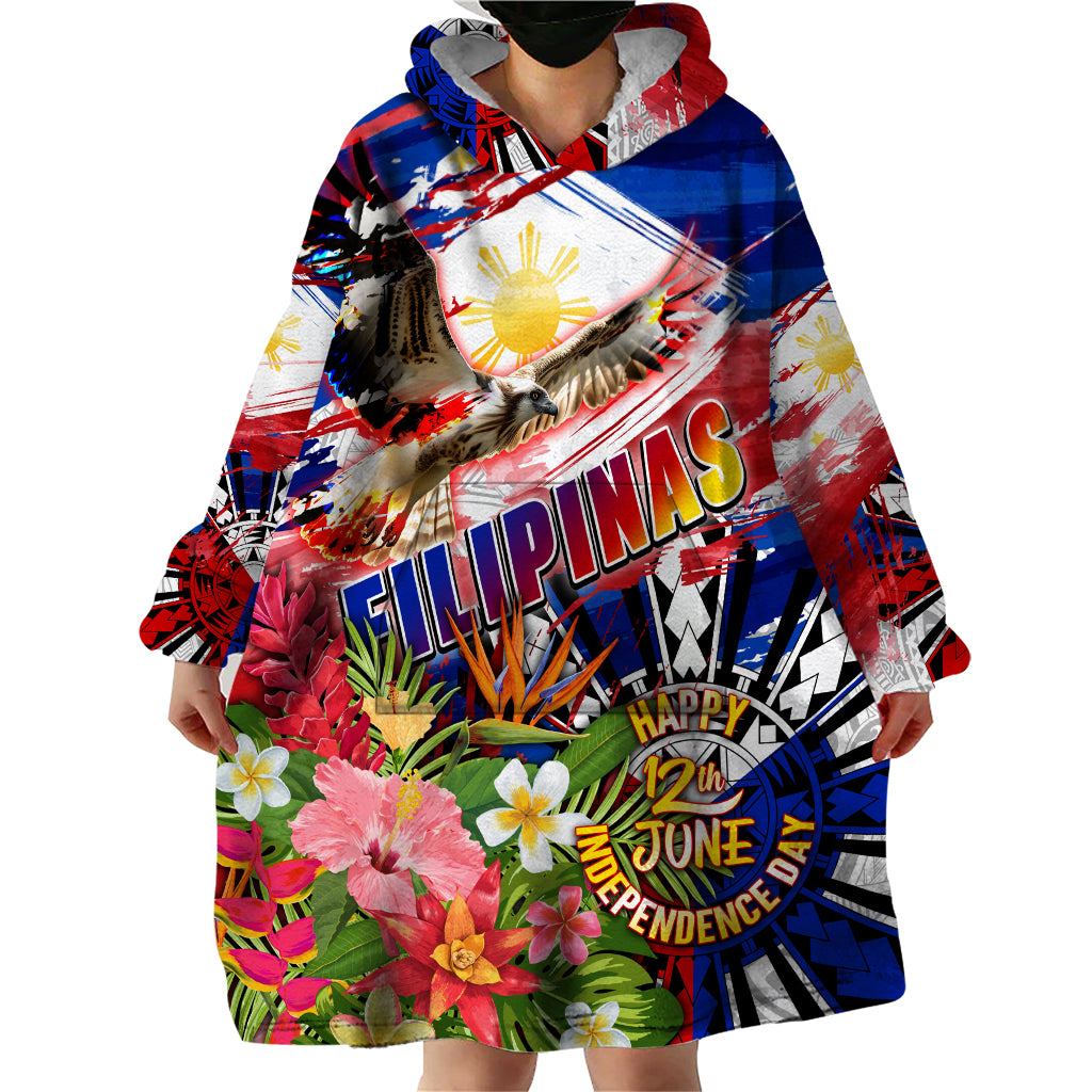 Personalized Philippines Independence Day Wearable Blanket Hoodie Polynesia Filipinas Eagle Hibiscus