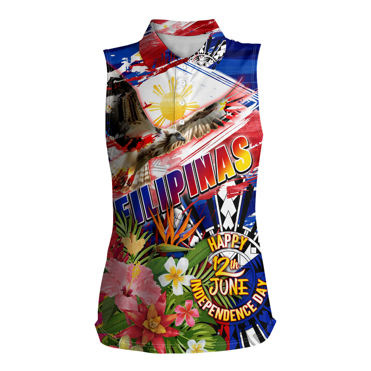 Personalized Philippines Independence Day Women Sleeveless Polo Shirt Polynesia Filipinas Eagle Hibiscus