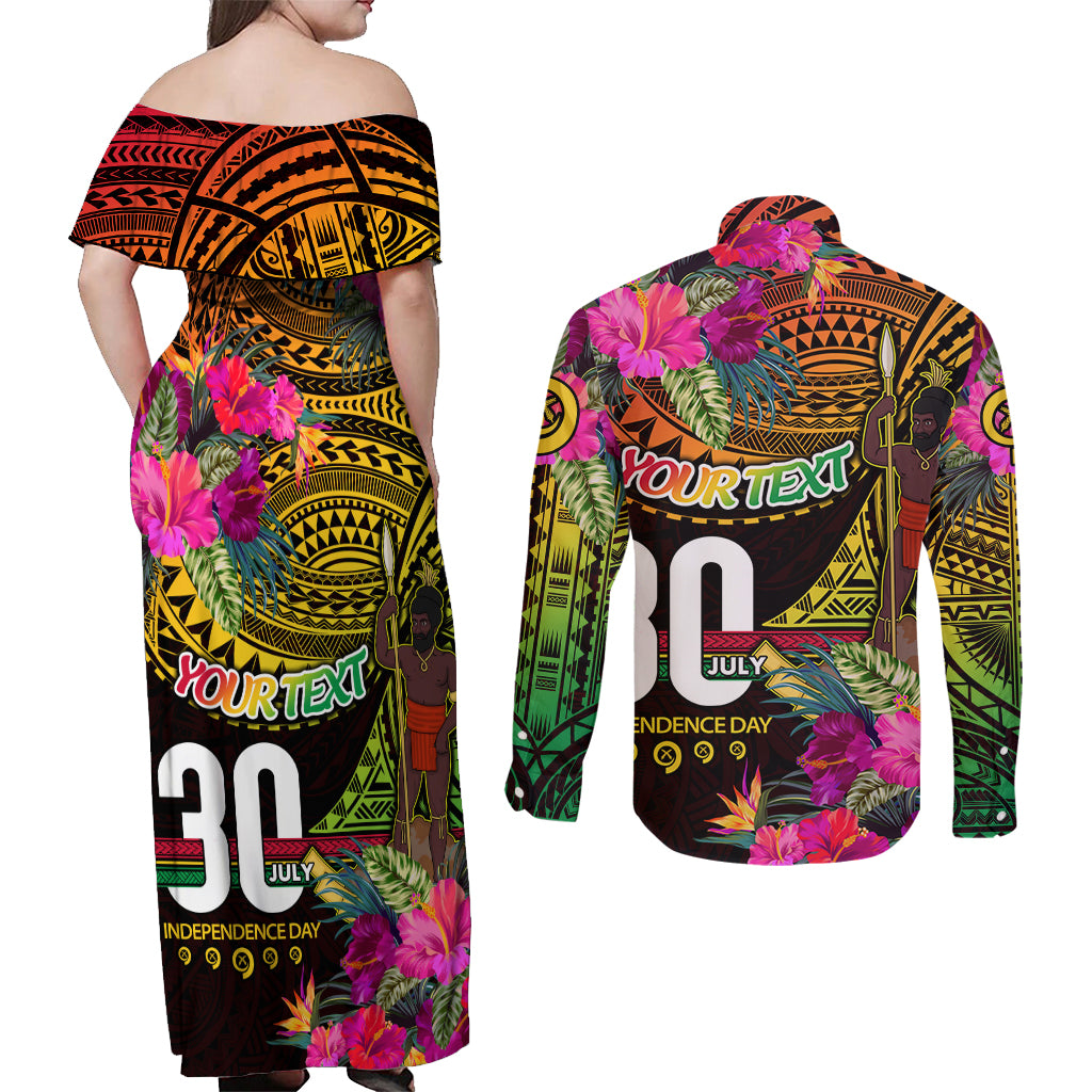 Personalised Vanuatu Independence Day 30 July Couples Matching Off Shoulder Maxi Dress and Long Sleeve Button Shirt Hibiscus Polynesian Pattern