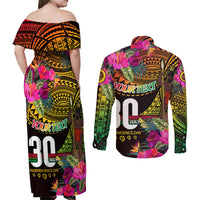 Personalised Vanuatu Independence Day 30 July Couples Matching Off Shoulder Maxi Dress and Long Sleeve Button Shirt Hibiscus Polynesian Pattern