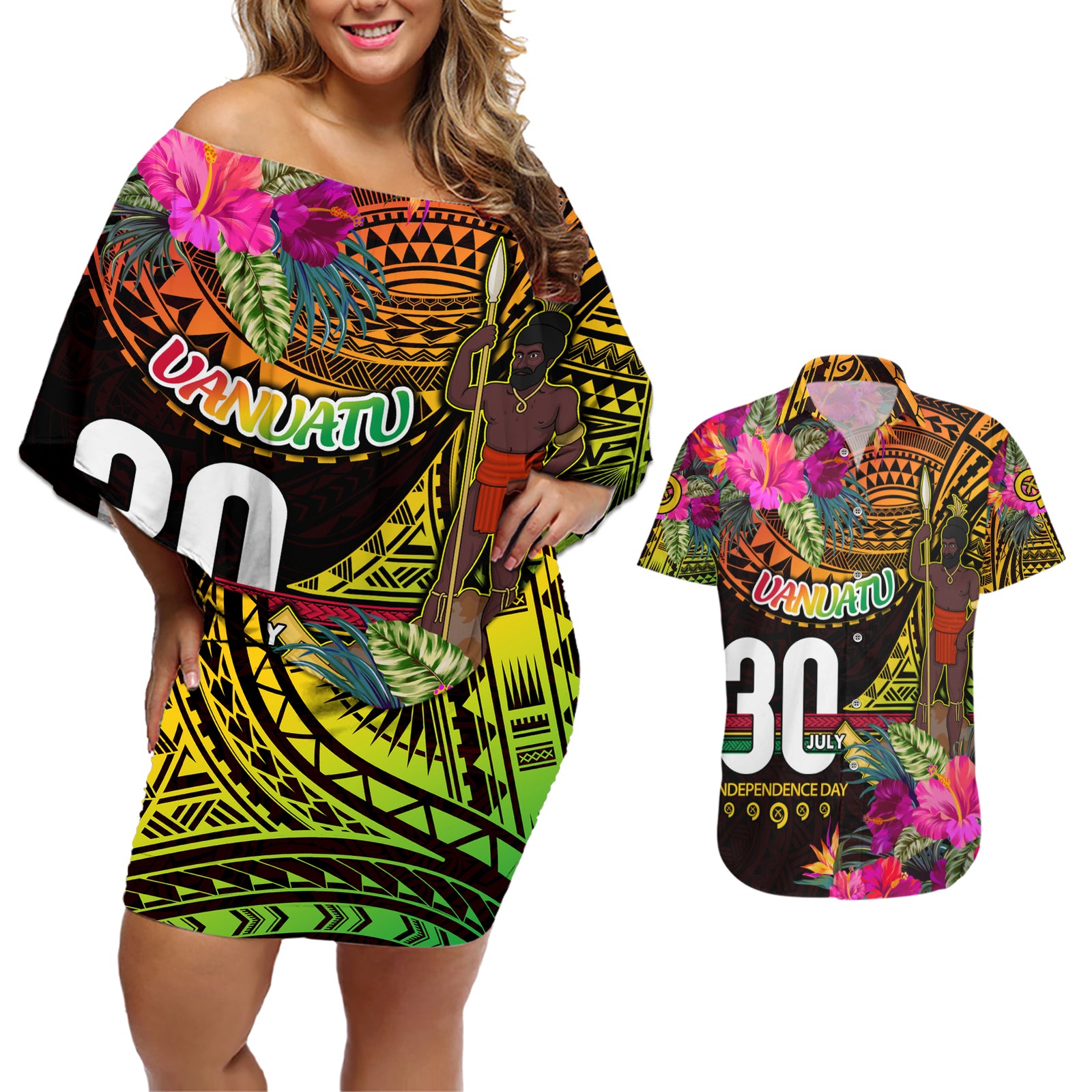 Personalised Vanuatu Independence Day 30 July Couples Matching Off Shoulder Short Dress and Hawaiian Shirt Hibiscus Polynesian Pattern