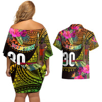 Personalised Vanuatu Independence Day 30 July Couples Matching Off Shoulder Short Dress and Hawaiian Shirt Hibiscus Polynesian Pattern