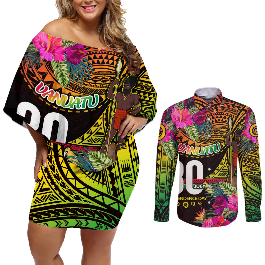 Personalised Vanuatu Independence Day 30 July Couples Matching Off Shoulder Short Dress and Long Sleeve Button Shirt Hibiscus Polynesian Pattern