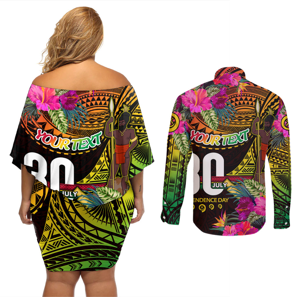 Personalised Vanuatu Independence Day 30 July Couples Matching Off Shoulder Short Dress and Long Sleeve Button Shirt Hibiscus Polynesian Pattern