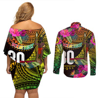 Personalised Vanuatu Independence Day 30 July Couples Matching Off Shoulder Short Dress and Long Sleeve Button Shirt Hibiscus Polynesian Pattern