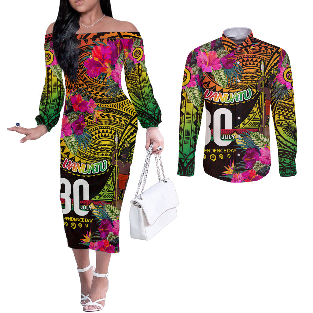 Personalised Vanuatu Independence Day 30 July Couples Matching Off The Shoulder Long Sleeve Dress and Long Sleeve Button Shirt Hibiscus Polynesian Pattern