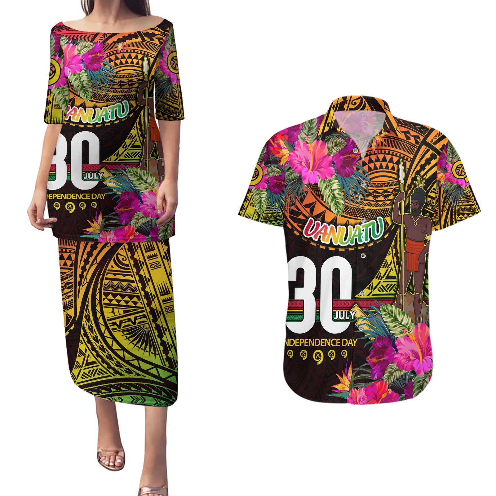 Personalised Vanuatu Independence Day 30 July Couples Matching Puletasi and Hawaiian Shirt Hibiscus Polynesian Pattern
