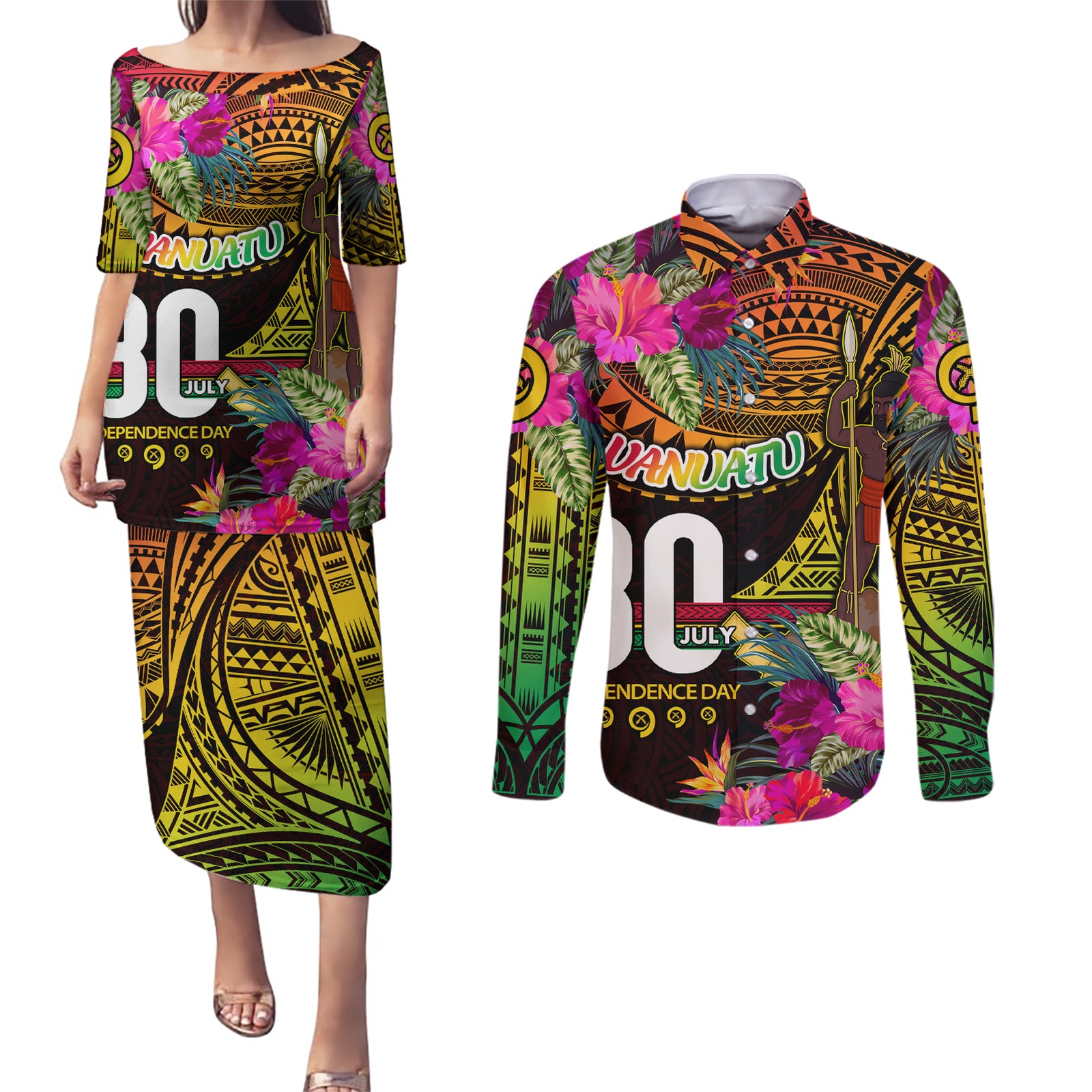 Personalised Vanuatu Independence Day 30 July Couples Matching Puletasi and Long Sleeve Button Shirt Hibiscus Polynesian Pattern