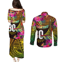 Personalised Vanuatu Independence Day 30 July Couples Matching Puletasi and Long Sleeve Button Shirt Hibiscus Polynesian Pattern