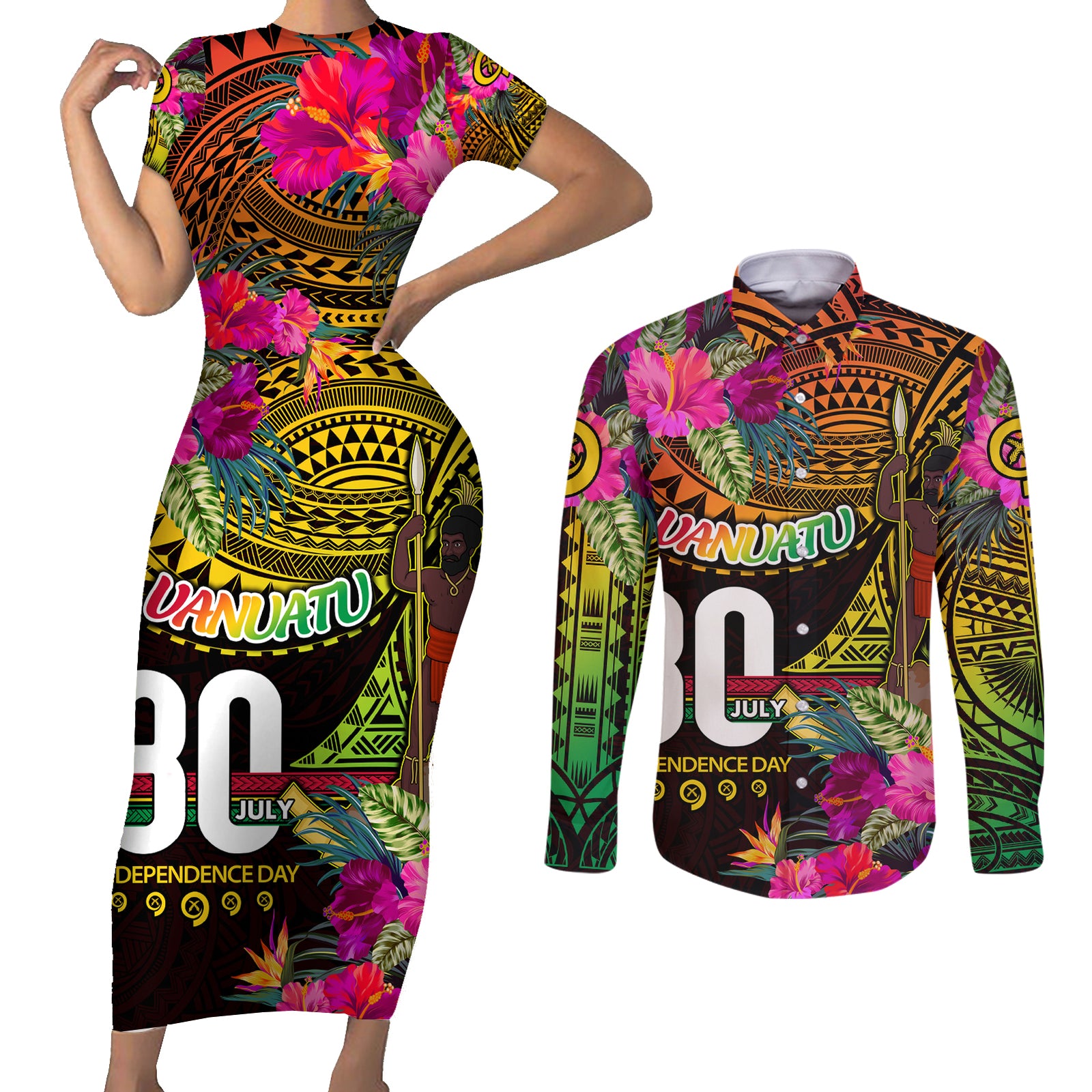 Personalised Vanuatu Independence Day 30 July Couples Matching Short Sleeve Bodycon Dress and Long Sleeve Button Shirt Hibiscus Polynesian Pattern