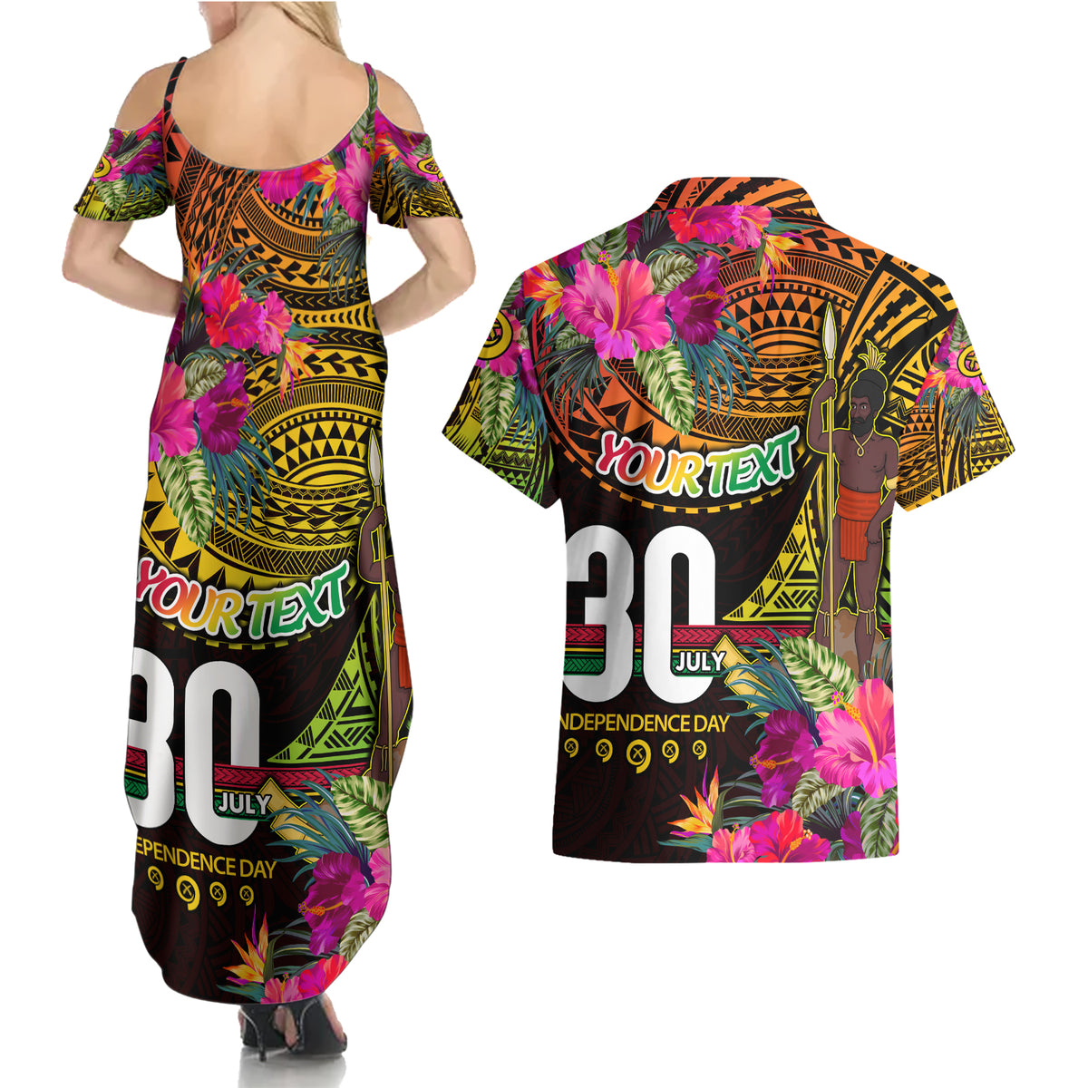Personalised Vanuatu Independence Day 30 July Couples Matching Summer Maxi Dress and Hawaiian Shirt Hibiscus Polynesian Pattern