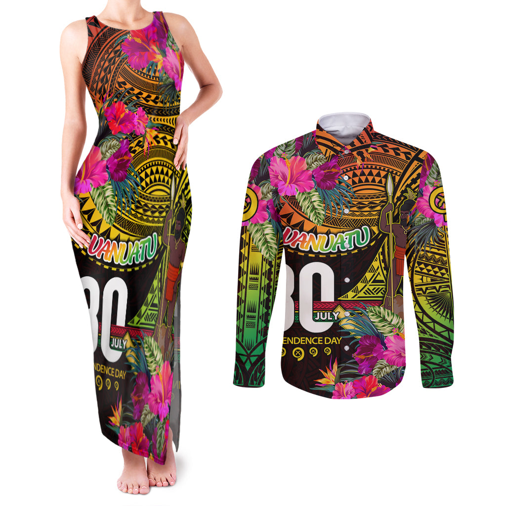 Personalised Vanuatu Independence Day 30 July Couples Matching Tank Maxi Dress and Long Sleeve Button Shirt Hibiscus Polynesian Pattern