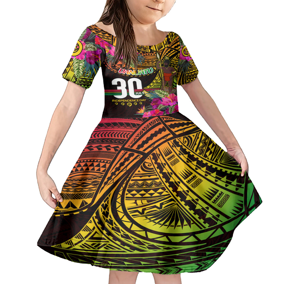 Personalised Vanuatu Independence Day 30 July Family Matching Long Sleeve Bodycon Dress and Hawaiian Shirt Hibiscus Polynesian Pattern DT02 Daughter's Dress Yellow - Polynesian Pride