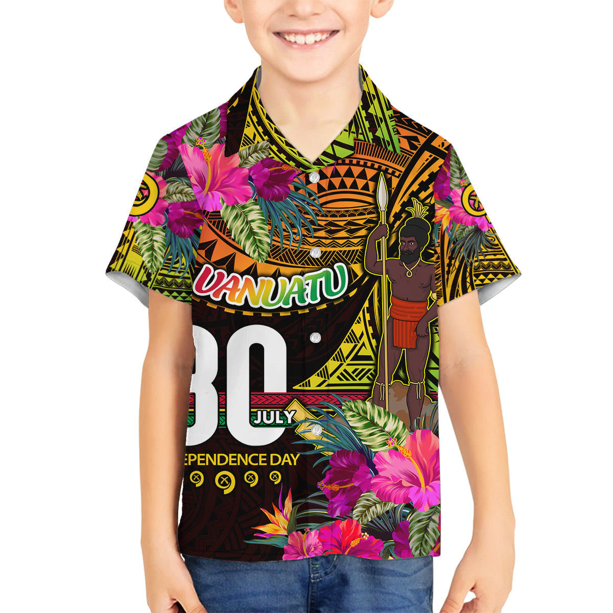 Personalised Vanuatu Independence Day 30 July Family Matching Long Sleeve Bodycon Dress and Hawaiian Shirt Hibiscus Polynesian Pattern DT02 Son's Shirt Yellow - Polynesian Pride