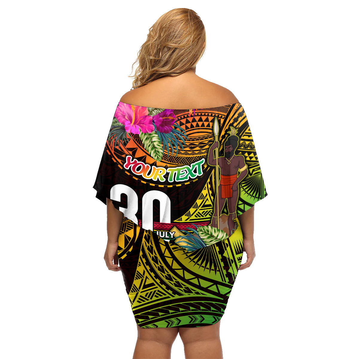 Personalised Vanuatu Independence Day 30 July Family Matching Off Shoulder Short Dress and Hawaiian Shirt Hibiscus Polynesian Pattern