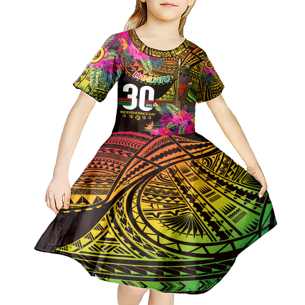 Personalised Vanuatu Independence Day 30 July Kid Short Sleeve Dress Hibiscus Polynesian Pattern