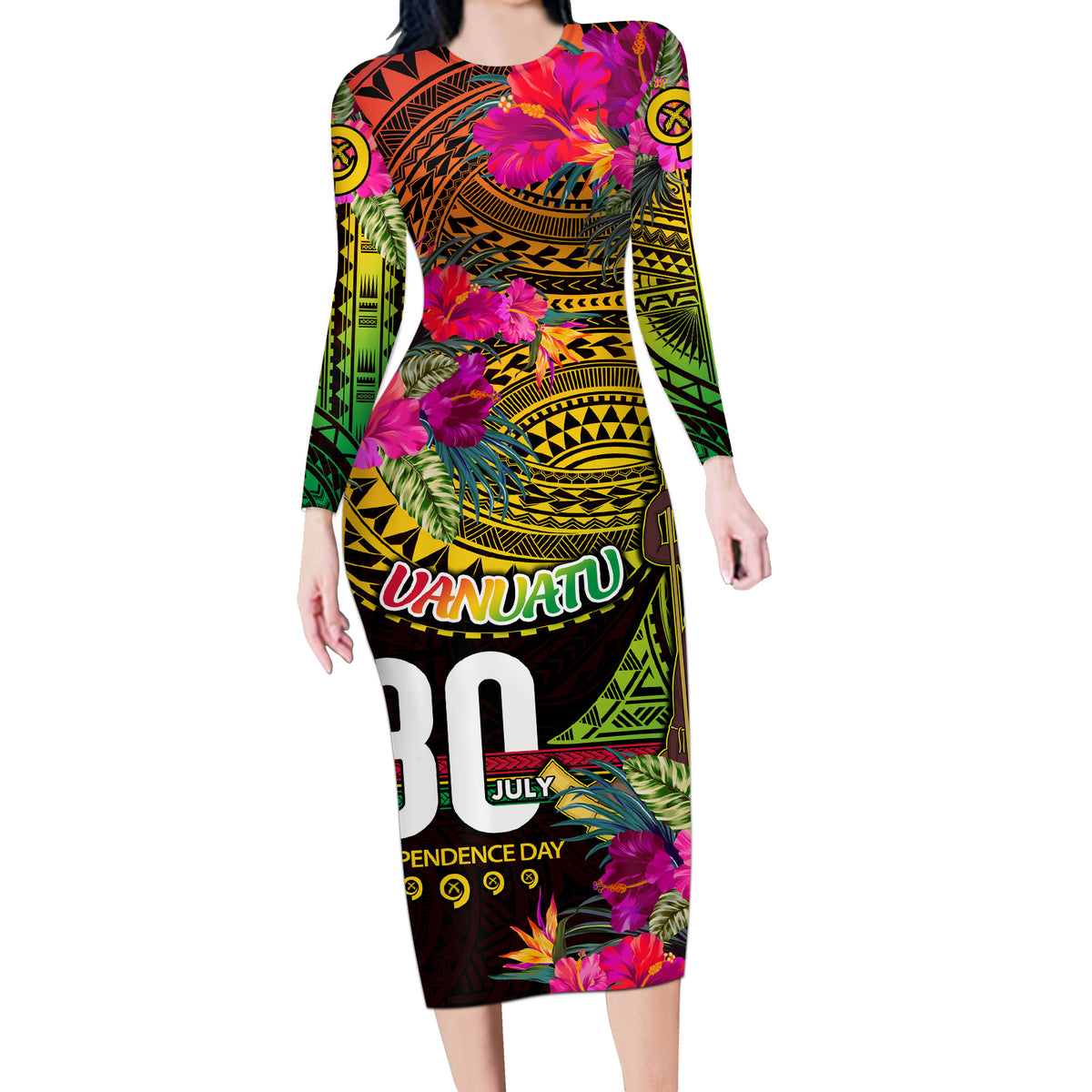 Personalised Vanuatu Independence Day 30 July Long Sleeve Bodycon Dress Hibiscus Polynesian Pattern