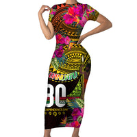 Personalised Vanuatu Independence Day 30 July Short Sleeve Bodycon Dress Hibiscus Polynesian Pattern DT02 Long Dress Yellow - Polynesian Pride