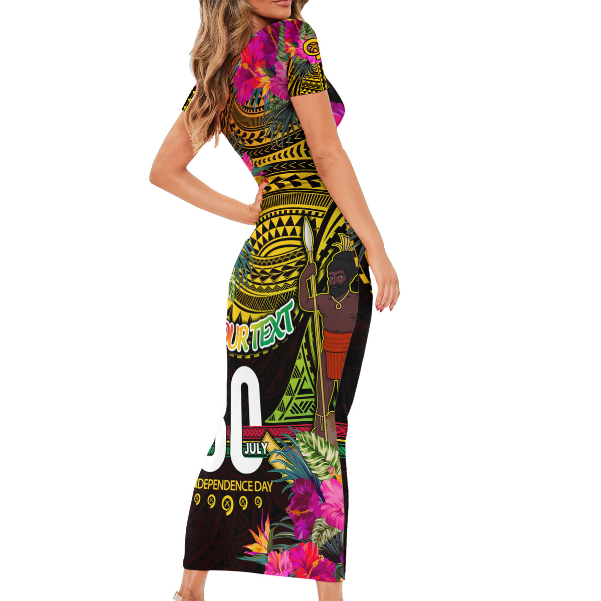 Personalised Vanuatu Independence Day 30 July Short Sleeve Bodycon Dress Hibiscus Polynesian Pattern DT02 - Polynesian Pride