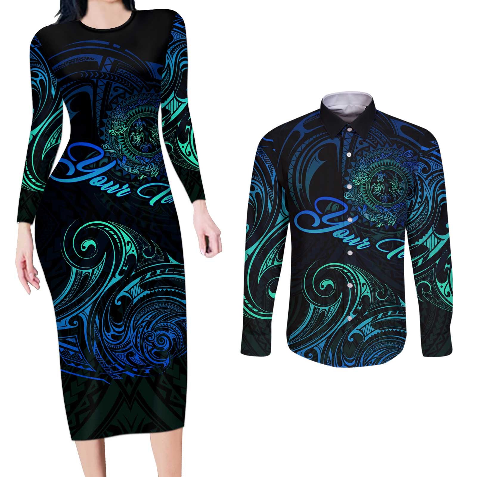 Sea Animal Polynesia Couples Matching Long Sleeve Bodycon Dress and Long Sleeve Button Shirt Polynesian Pattern DT02 Black - Polynesian Pride