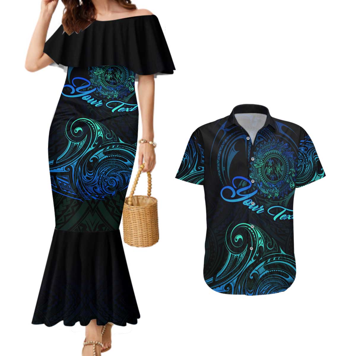 Sea Animal Polynesia Couples Matching Mermaid Dress and Hawaiian Shirt Polynesian Pattern DT02 Black - Polynesian Pride