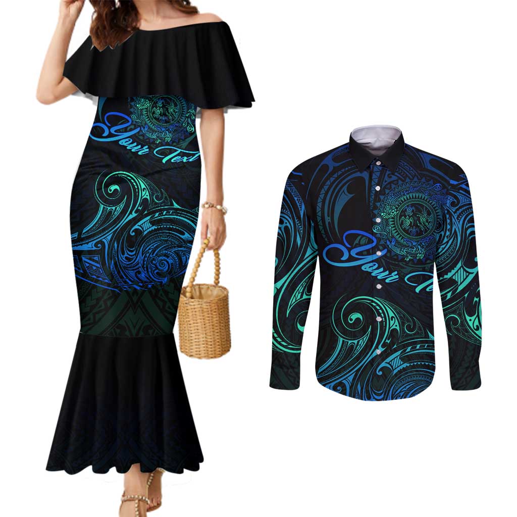 Sea Animal Polynesia Couples Matching Mermaid Dress and Long Sleeve Button Shirt Polynesian Pattern DT02 Black - Polynesian Pride
