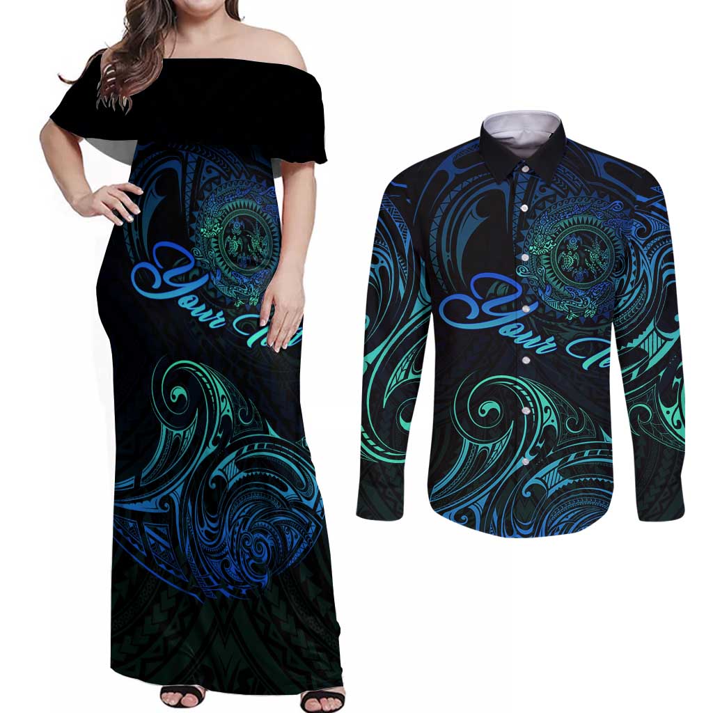 Sea Animal Polynesia Couples Matching Off Shoulder Maxi Dress and Long Sleeve Button Shirt Polynesian Pattern DT02 Black - Polynesian Pride
