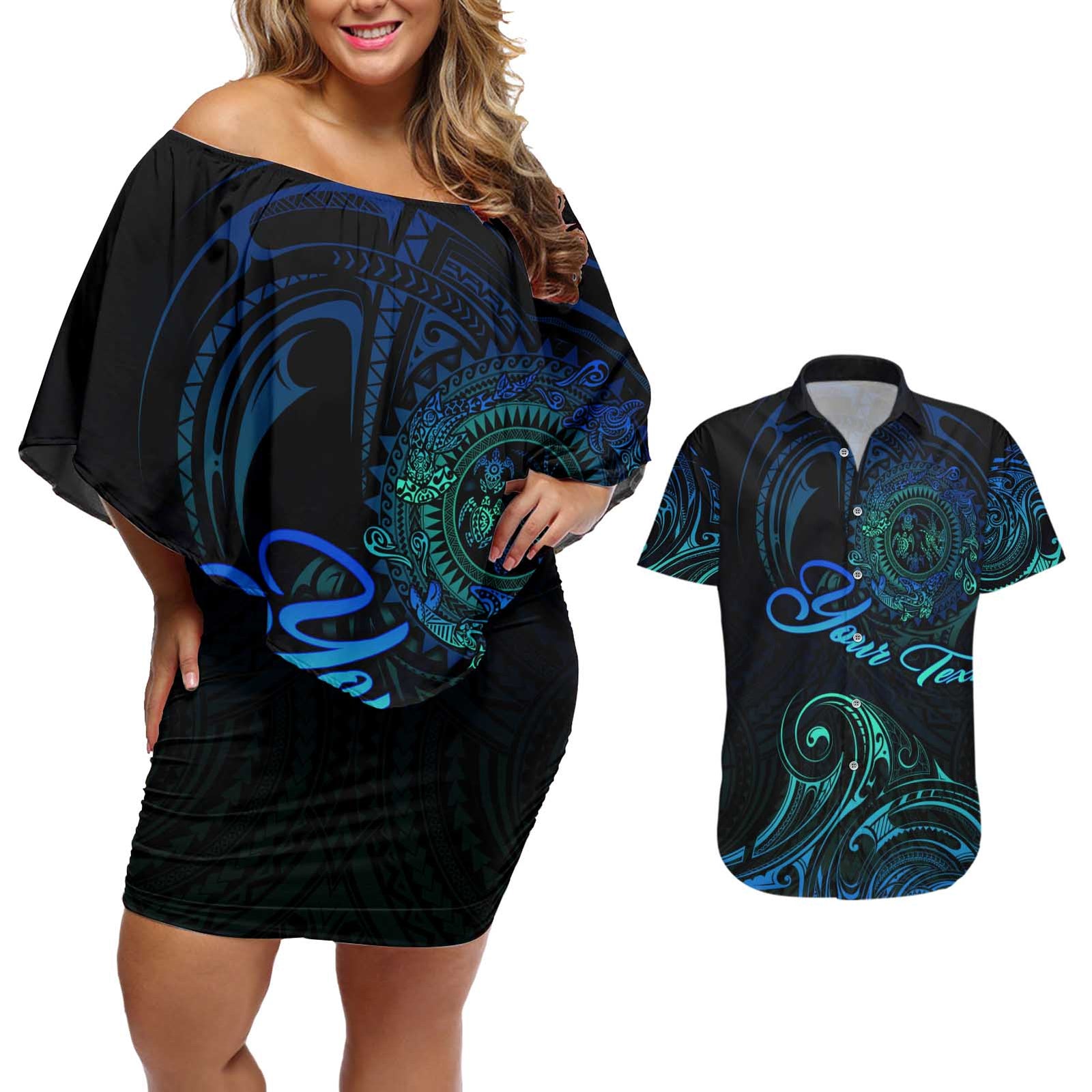 Sea Animal Polynesia Couples Matching Off Shoulder Short Dress and Hawaiian Shirt Polynesian Pattern DT02 Black - Polynesian Pride